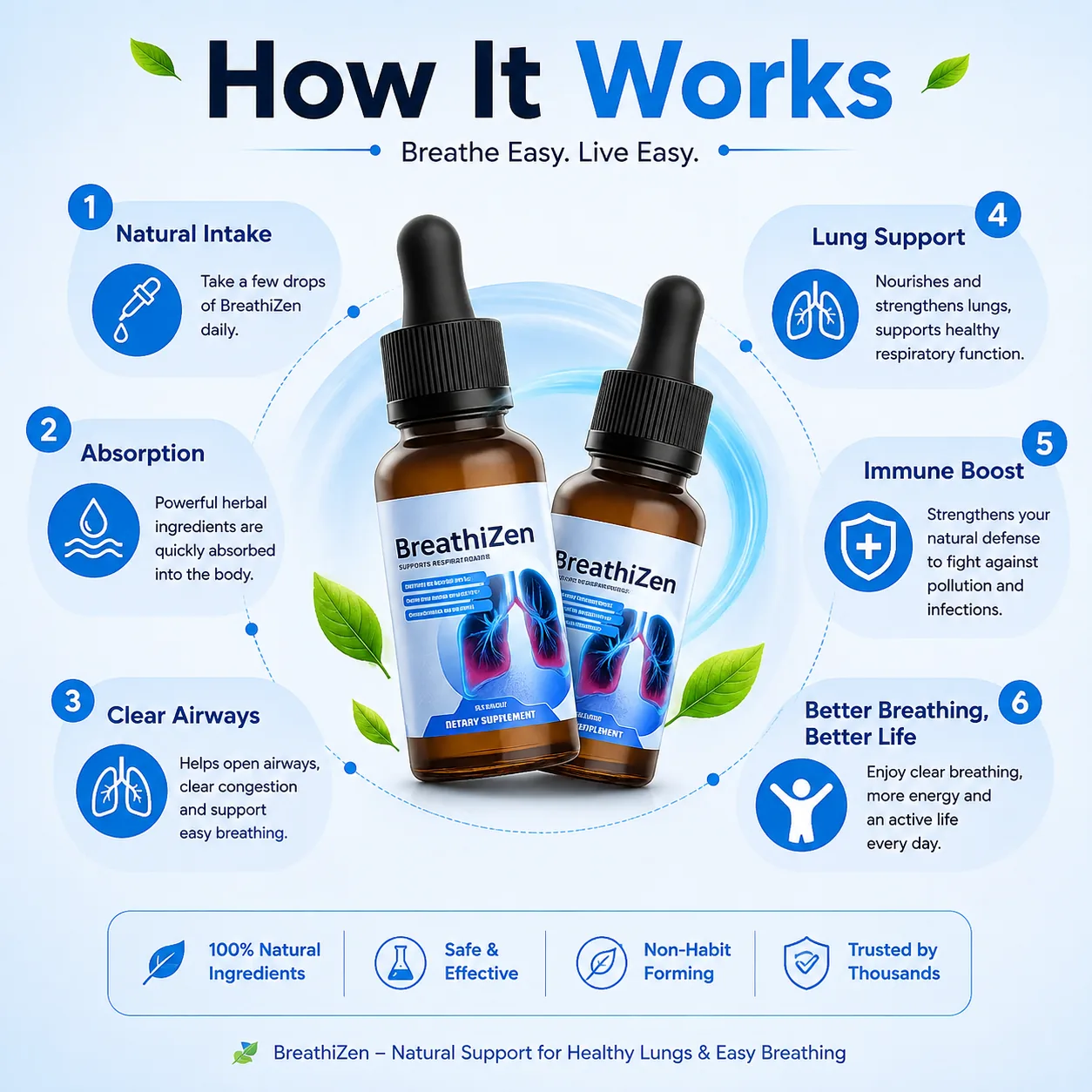How BreathiZen works — natural intake, absorption, clear airways, lung support, immune boost
